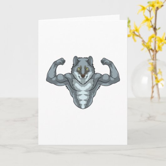 Wolf als bodybuilder met grote spieren kaart (Gele Bloem)