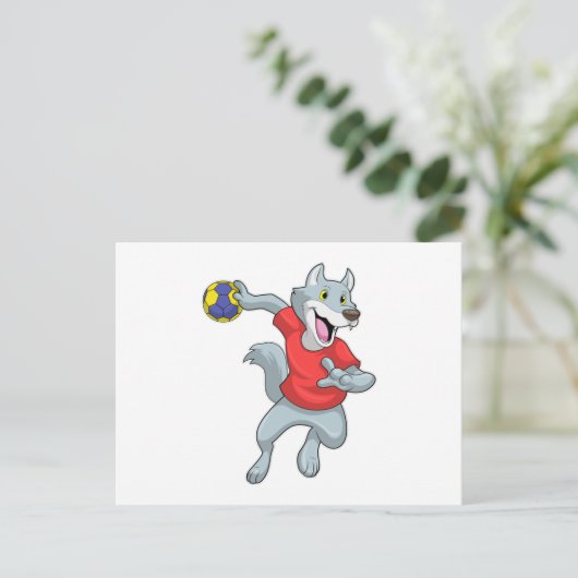 Wolf als handballspeler met handbal briefkaart (Staand voorkant)