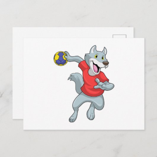 Wolf als handballspeler met handbal briefkaart (Voorkant / Achterkant)