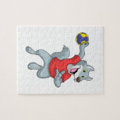 Wolf als handballspeler met handbal legpuzzel (Horizontaal)