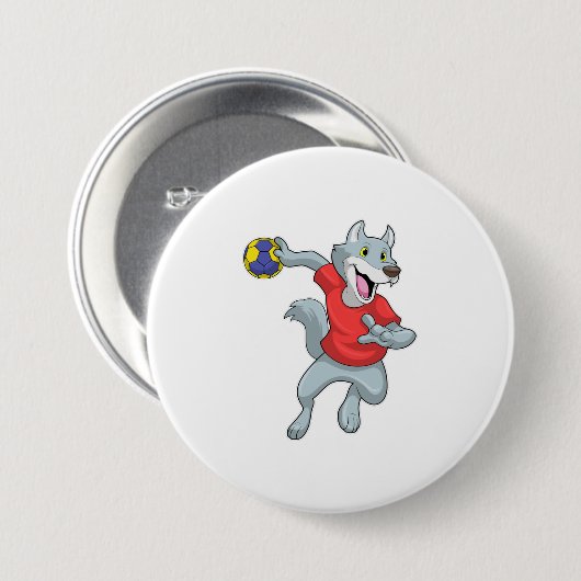 Wolf als handballspeler met handbal ronde button 7,6 cm (Voorkant /achterkant)