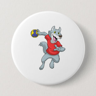 Wolf als handballspeler met handbal ronde button 7,6 cm