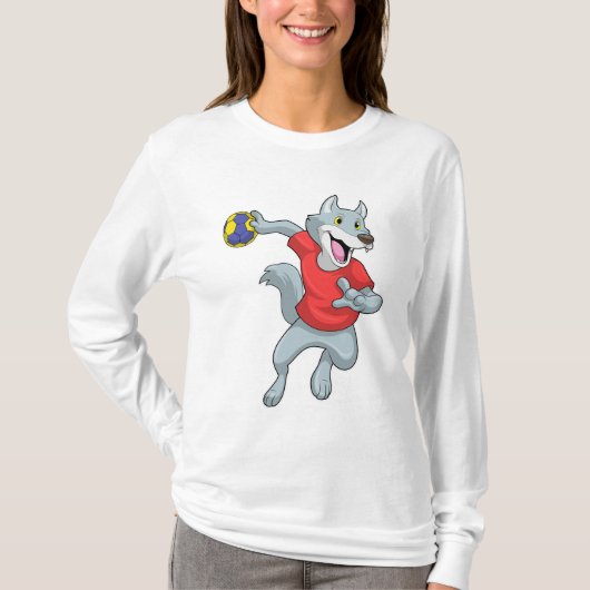 Wolf als handballspeler met handbal t-shirt (Voorkant)