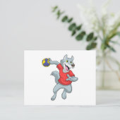 Wolf als handbalspeler met handbal briefkaart (Staand voorkant)