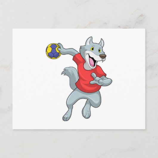 Wolf als handbalspeler met handbal briefkaart (Voorkant)