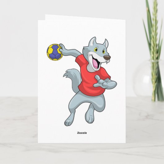 Wolf als handbalspeler met handbal kaart (Achterkant)