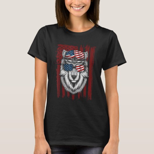 Wolf American Flag USA 4th of juli Mannen Vrouwen  T-shirt (Voorkant)