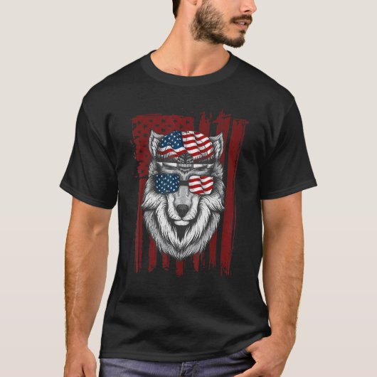 Wolf American Flag USA 4th of juli Mannen Vrouwen  T-shirt (Voorkant)