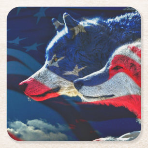 Wolf Amerikaanse vlag Volle Maan Kartonnen Onderzetters