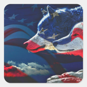 Wolf Amerikaanse vlag Volle Maan Vierkante Sticker