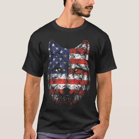 Wolf Amerikaanse Vlag VS T-shirt (Voorkant)