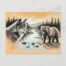 Wolf and Bear Meet by River