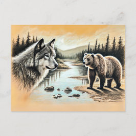 Wolf and Bear Meet by River Briefkaart