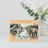 Wolf and Bear Meet by River Briefkaart (Staand voorkant)