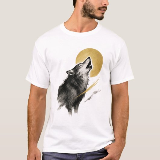 【Wolf and Moon Japanese Ink Art T-Shirt】 T-shirt (Voorkant)