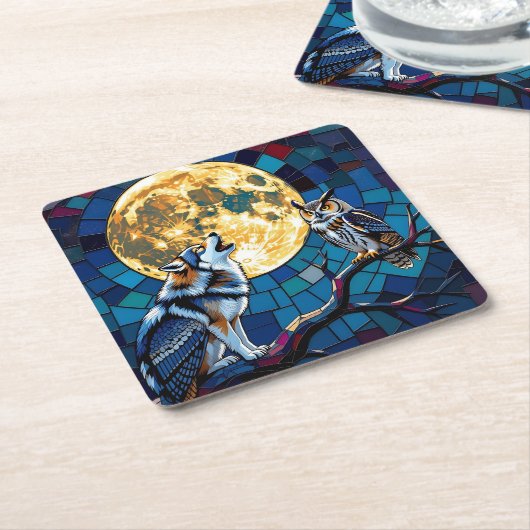  Wolf and Owl Mosaic Art Kartonnen Onderzetters (Schuin)