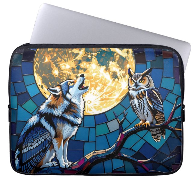  Wolf and Owl Mosaic Art Laptop Sleeve (Voorkant)