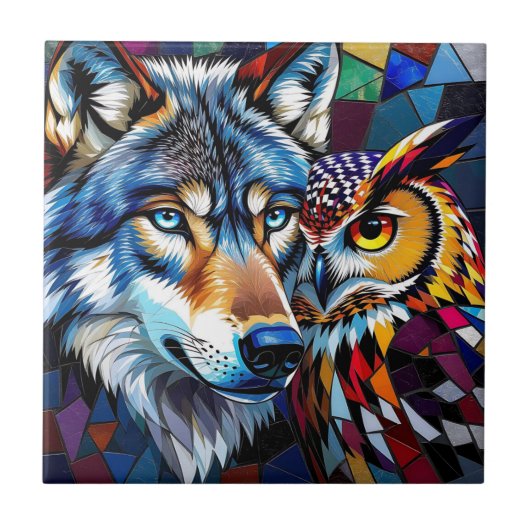 Wolf and Owl Vibrant and Colorful  Tegeltje (Voorkant)