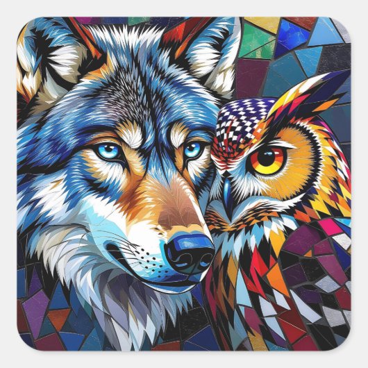 Wolf and Owl Vibrant and Colorful Vierkante Sticker (Voorkant)