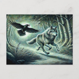 Wolf and Raven in Moonlight Briefkaart