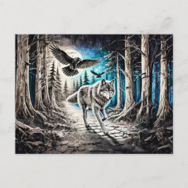 Wolf and Raven in Moonlight Briefkaart