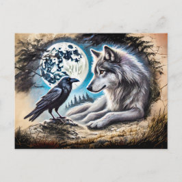 Wolf and Raven on Rock at Full Moon Briefkaart