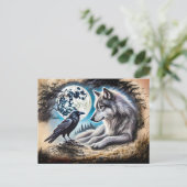 Wolf and Raven on Rock at Full Moon Briefkaart (Staand voorkant)