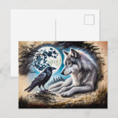 Wolf and Raven on Rock at Full Moon Briefkaart (Voorkant / Achterkant)