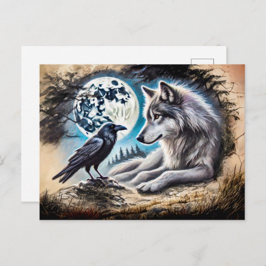 Wolf and Raven on Rock at Full Moon Briefkaart (Voorkant / Achterkant)