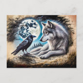 Wolf and Raven on Rock at Full Moon Briefkaart (Voorkant)