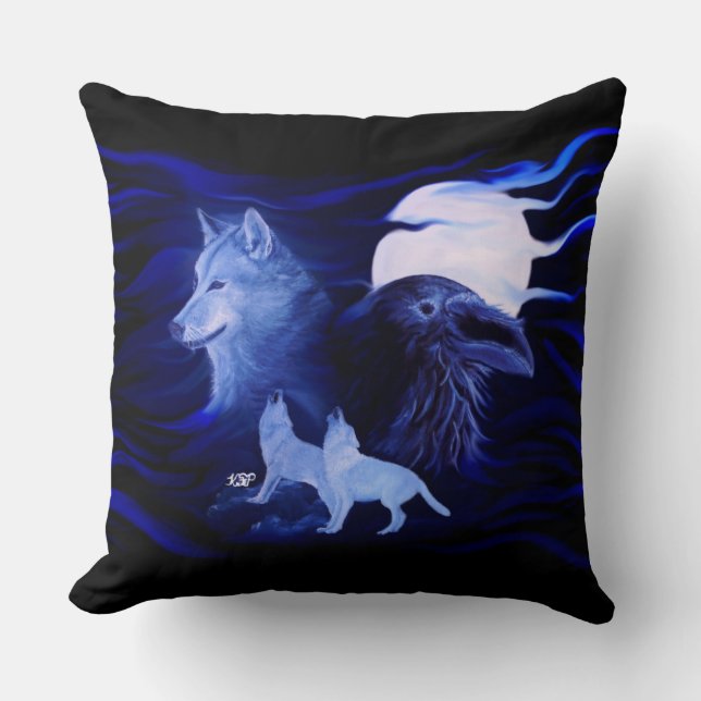 Wolf and Raven with full moon Kussen (Voorkant)