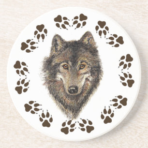 Wolf and Tracks Waterverf Dierlijk Onderzetter
