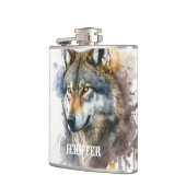 Wolf aquarelschilderij heupfles (Links)