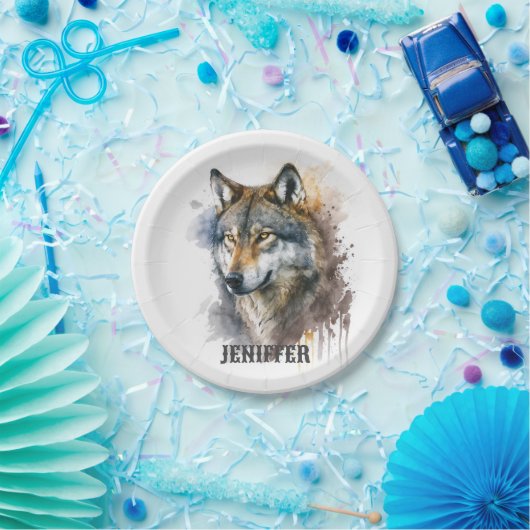 Wolf aquarelschilderij papieren bordje (Feest)