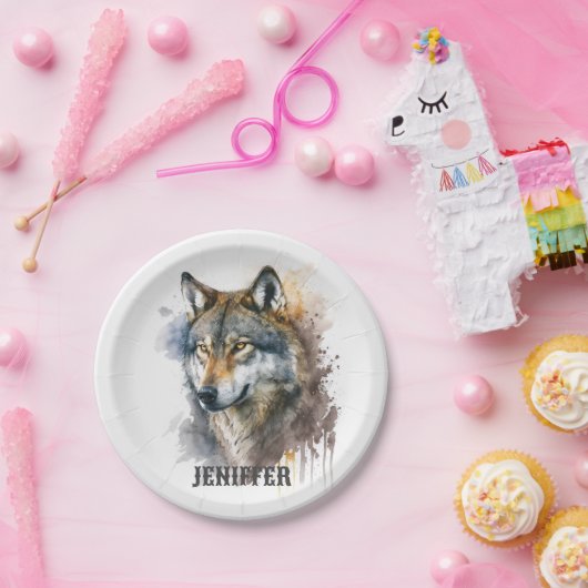 Wolf aquarelschilderij papieren bordje (Feest)