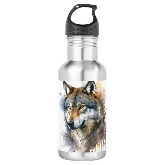 Wolf aquarelschilderij waterfles  (Voorkant)