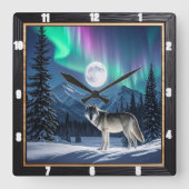 Wolf Aurora Borealis wildlife Vierkante Klok (Voorkant)