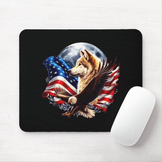 Wolf Bald Eagle American Flag Full Moon New Years Muismat (Met muis)