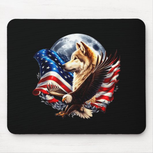 Wolf Bald Eagle American Flag Full Moon New Years  Muismat (Voorkant)