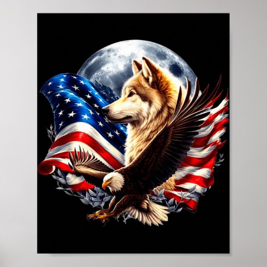 Wolf Bald Eagle American Flag Full Moon New Years  Poster (Voorkant)