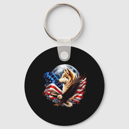 Wolf Bald Eagle American Flag Full Moon New Years Sleutelhanger (Voorkant)