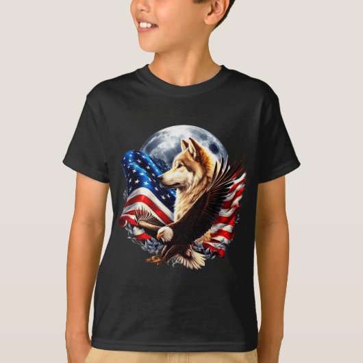Wolf Bald Eagle American Flag Full Moon New Years T-shirt (Voorkant)