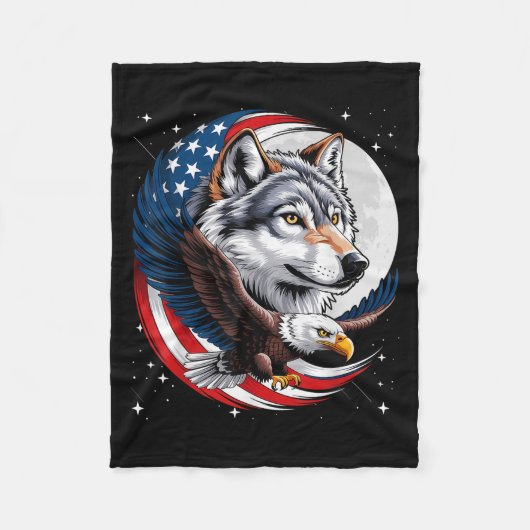 Wolf Bald Eagle Amerikaanse vlag Volle Maan Nieuwj Fleece Deken (Voorkant)