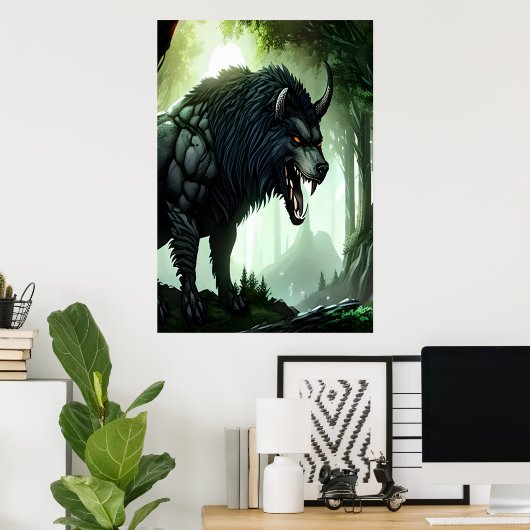 Wolf beast in het bos | AI Art. Poster (Thuiskantoor)