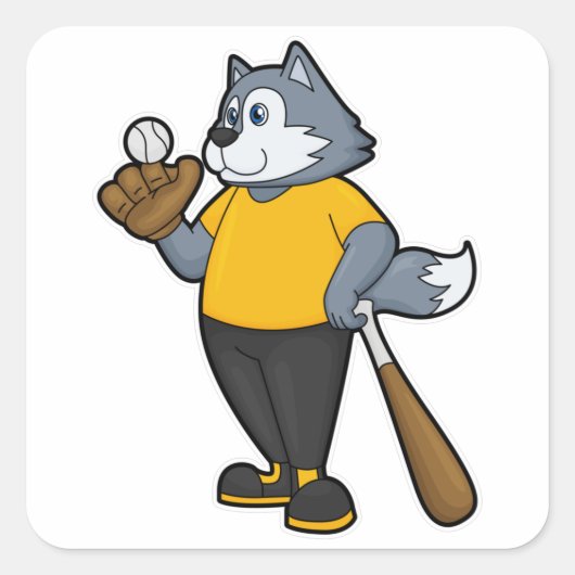 Wolf bij Baseball met honkbalknuppel Vierkante Sticker (Voorkant)