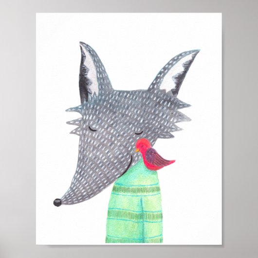 Wolf & Bird Woodland Animal Poster Home Wall Decor (Voorkant)