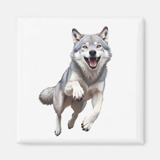Wolf blij speels plezier springen in het bos van d magneet (Voorkant)
