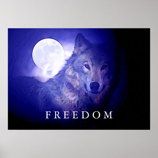 Wolf Blue Night Fullmoon Freedom Poster Print (Voorkant)