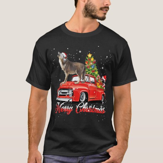 Wolf Christmas Tshirt Wolf Dog Riding Red Truck Ch (Voorkant)