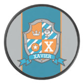 Wolf crest, aangepaste naam oranje blauw monogramm hockey puck (Voorkant)